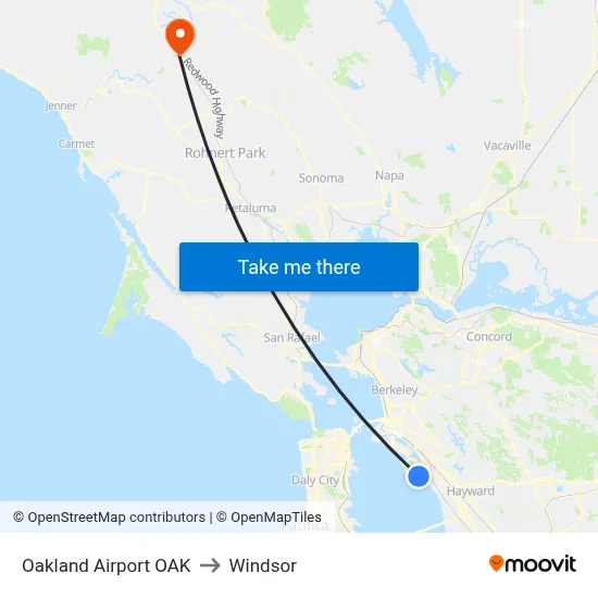 Oakland Airport OAK to Windsor map