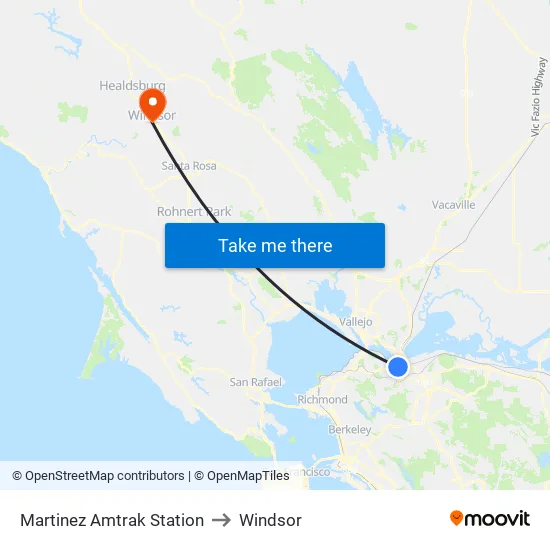 Martinez Amtrak Station to Windsor map
