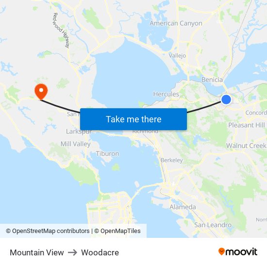 Mountain View to Woodacre map