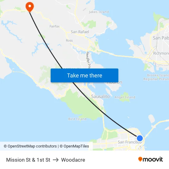 Mission St & 1st St to Woodacre map