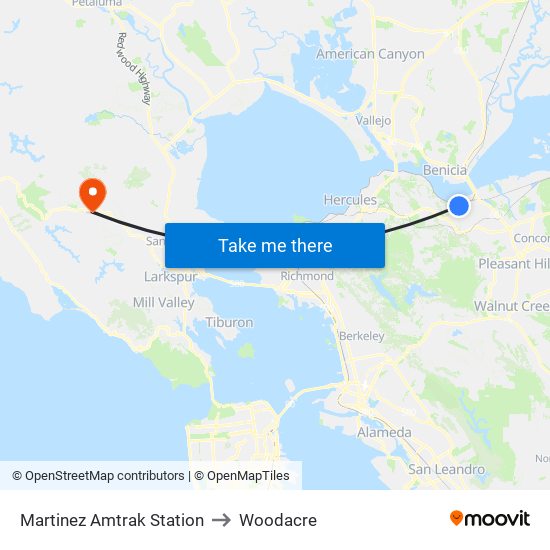 Martinez Amtrak Station to Woodacre map