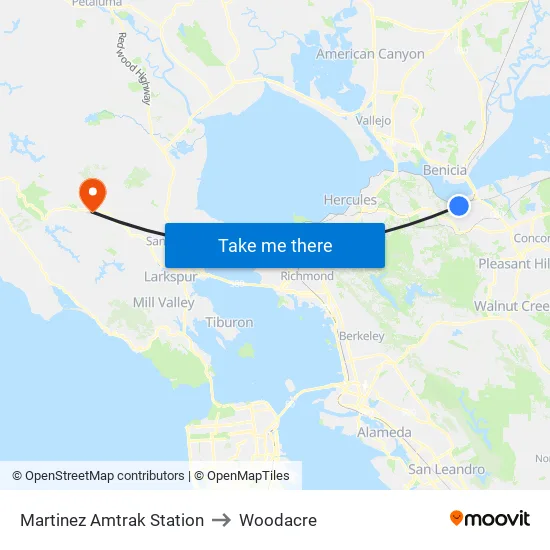 Martinez Amtrak Station to Woodacre map