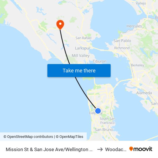 Mission St & San Jose Ave/Wellington Ave to Woodacre map