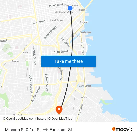 Mission St & 1st St to Excelsior, Sf map