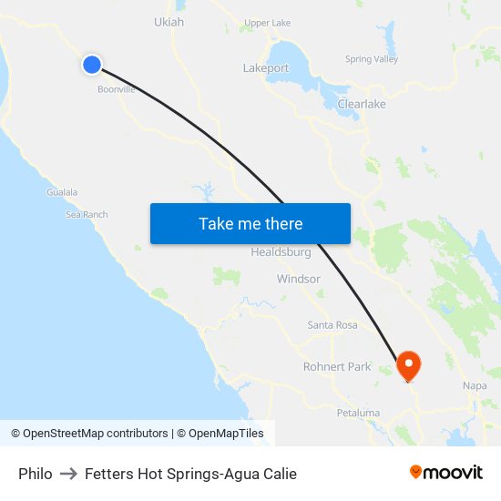 Philo to Fetters Hot Springs-Agua Calie map