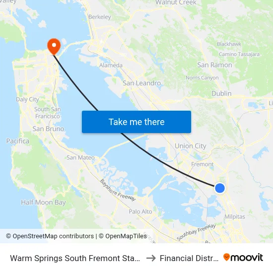 Warm Springs South Fremont Station to Financial District map
