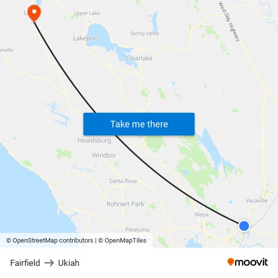 Fairfield to Ukiah map