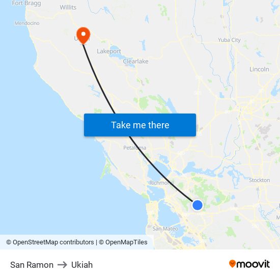 San Ramon to Ukiah map