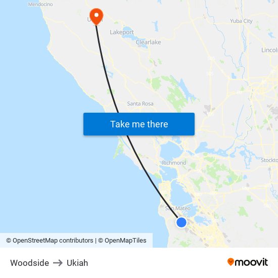 Woodside to Ukiah map