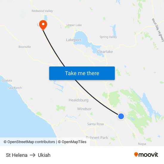 St Helena to Ukiah map