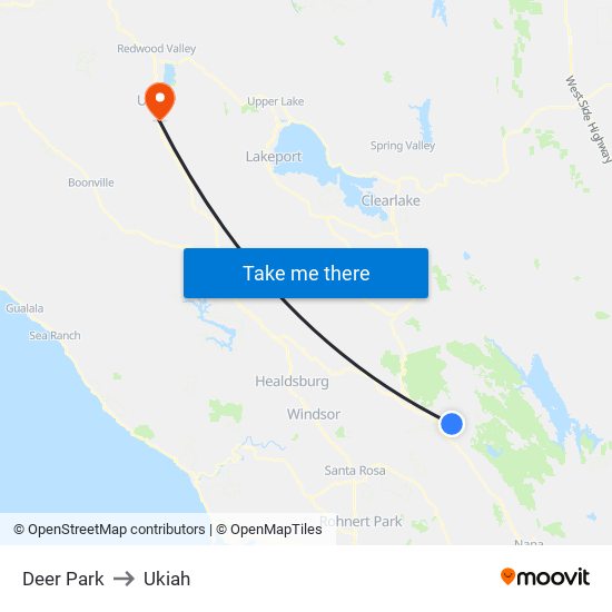 Deer Park to Ukiah map