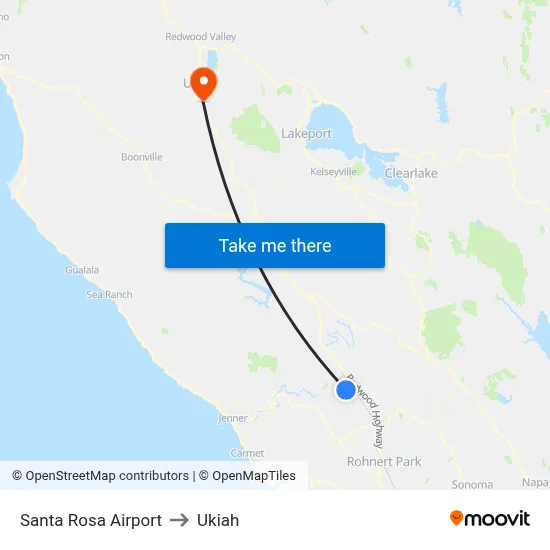 Santa Rosa Airport to Ukiah map
