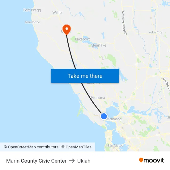 Marin County Civic Center to Ukiah map