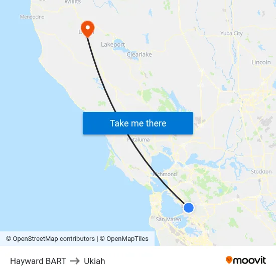 Hayward BART to Ukiah map