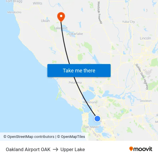 Oakland Airport OAK to Upper Lake map