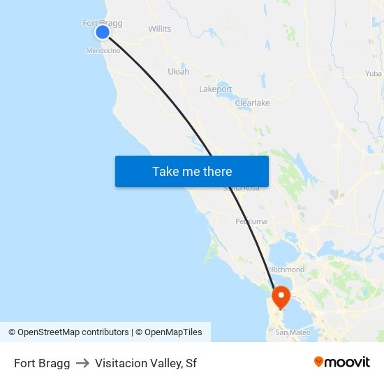 Fort Bragg to Visitacion Valley, Sf map