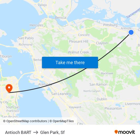 Antioch BART to Glen Park, Sf map