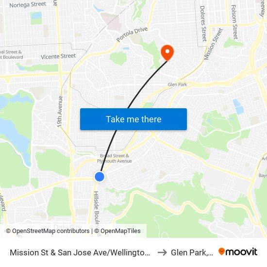 Mission St & San Jose Ave/Wellington Ave to Glen Park, Sf map