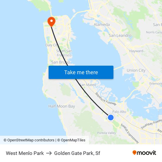 West Menlo Park to Golden Gate Park, Sf map