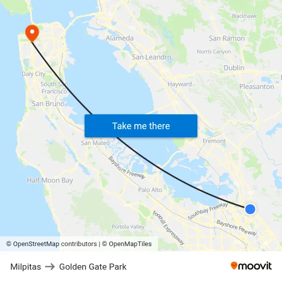 Milpitas to Golden Gate Park map