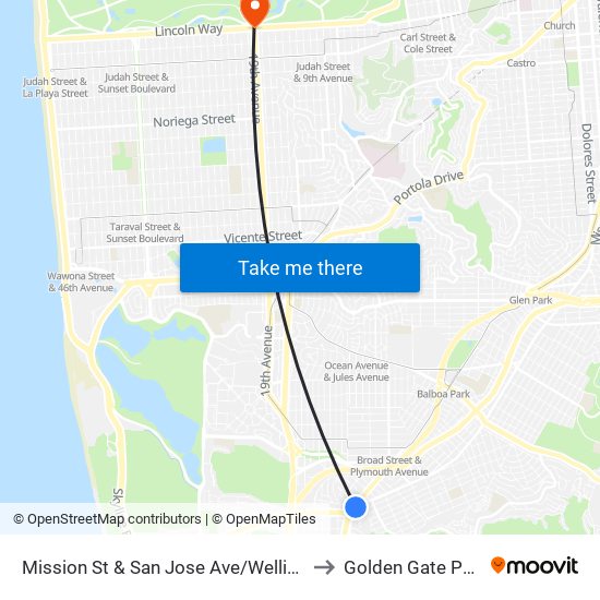 Mission St & San Jose Ave/Wellington Ave to Golden Gate Park, Sf map