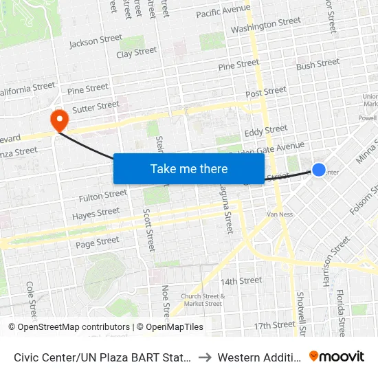 Civic Center/UN Plaza BART Station to Western Addition map