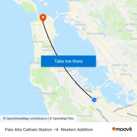 Palo Alto Caltrain Station to Western Addition map