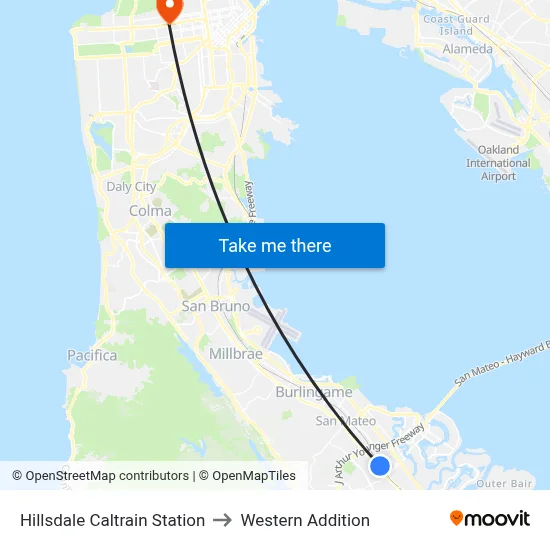 Hillsdale Caltrain Station to Western Addition map