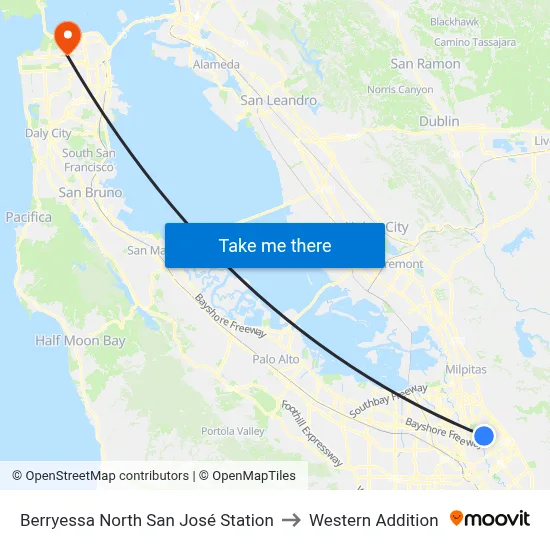 Berryessa North San José Station to Western Addition map