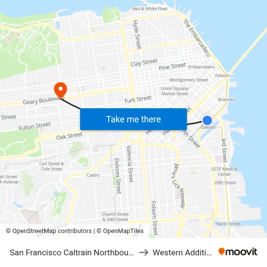 San Francisco Caltrain Northbound to Western Addition map