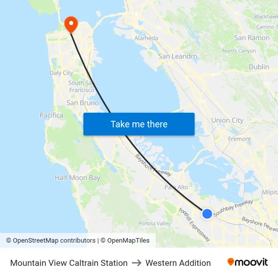 Mountain View Caltrain Station to Western Addition map