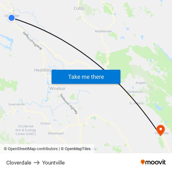 Cloverdale to Yountville map