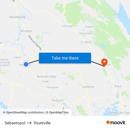 Sebastopol to Yountville map