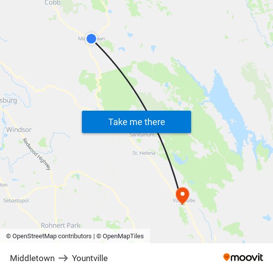 Middletown to Yountville map