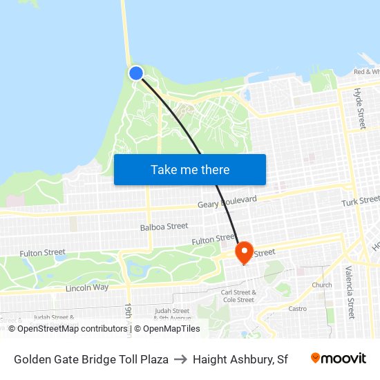 Golden Gate Bridge Toll Plaza to Haight Ashbury, Sf map