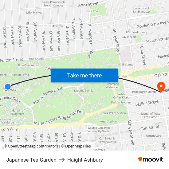 Japanese Tea Garden to Haight Ashbury map