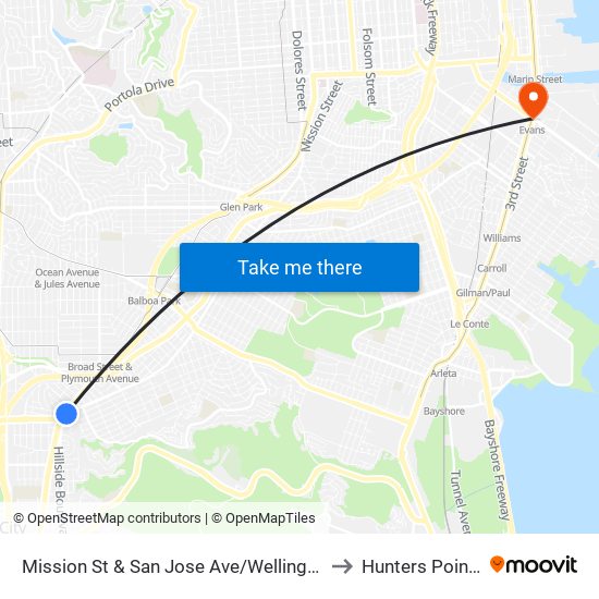 Mission St & San Jose Ave/Wellington Ave to Hunters Point, Sf map