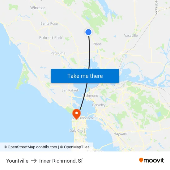 Yountville to Inner Richmond, Sf map