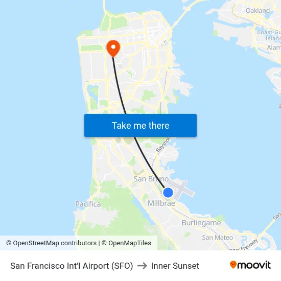 San Francisco Int'l Airport (SFO) to Inner Sunset map