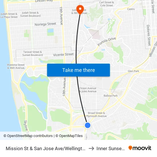Mission St & San Jose Ave/Wellington Ave to Inner Sunset, Sf map