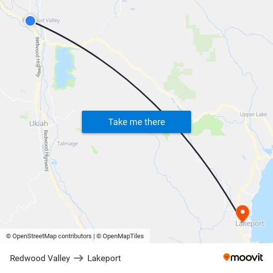 Redwood Valley to Lakeport map