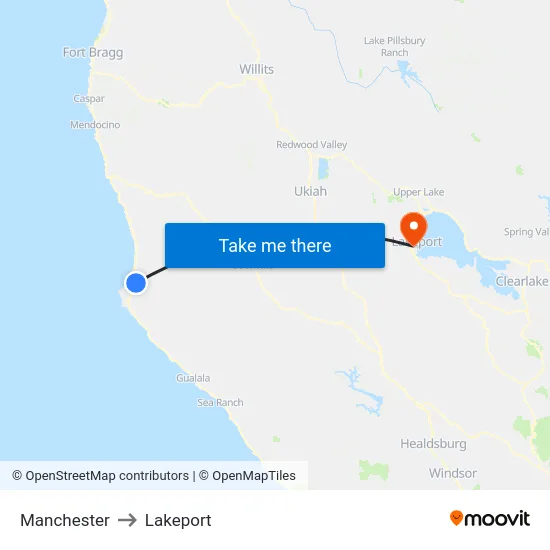 Manchester to Lakeport map