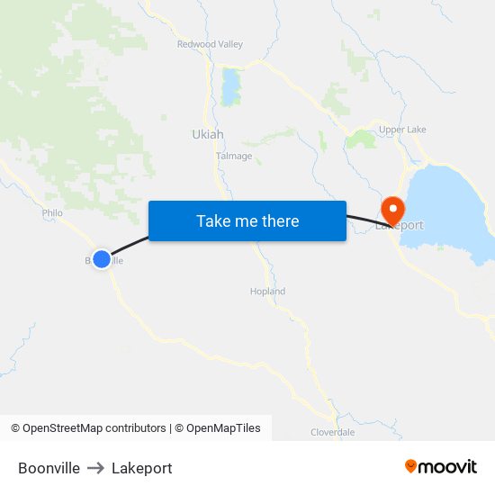 Boonville to Lakeport map