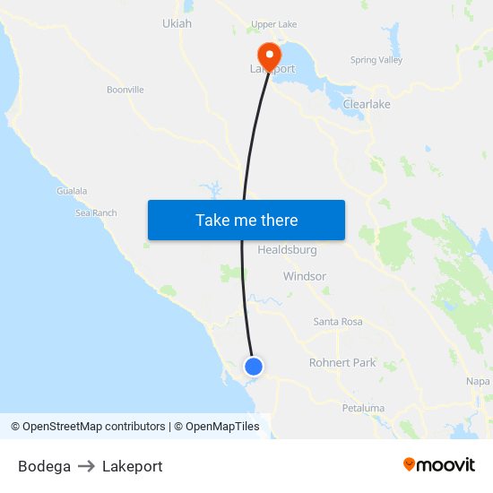 Bodega to Lakeport map