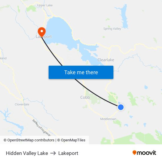 Hidden Valley Lake to Lakeport map