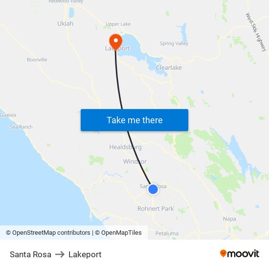 Santa Rosa to Lakeport map