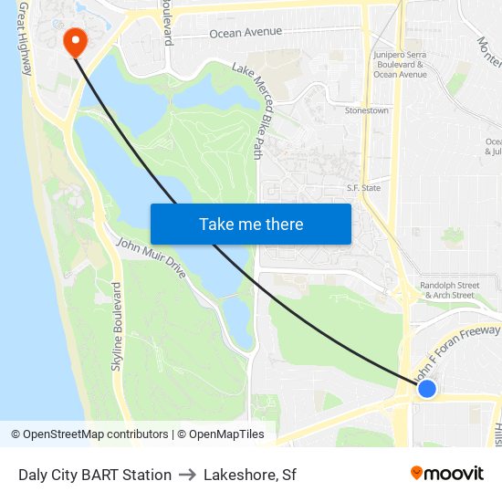 Daly City BART Station to Lakeshore, Sf map