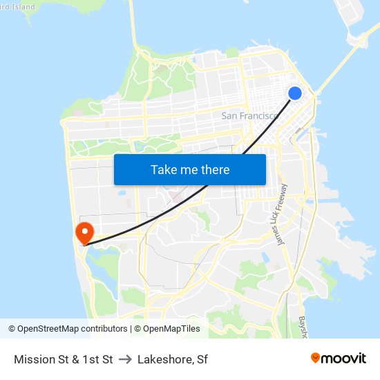 Mission St & 1st St to Lakeshore, Sf map