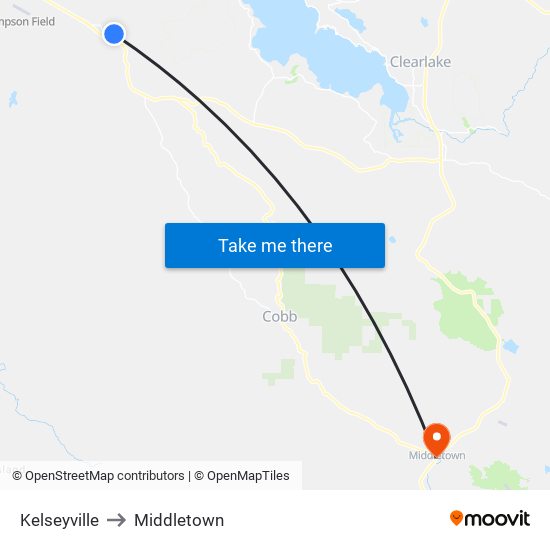 Kelseyville to Middletown map