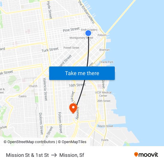 Mission St & 1st St to Mission, Sf map